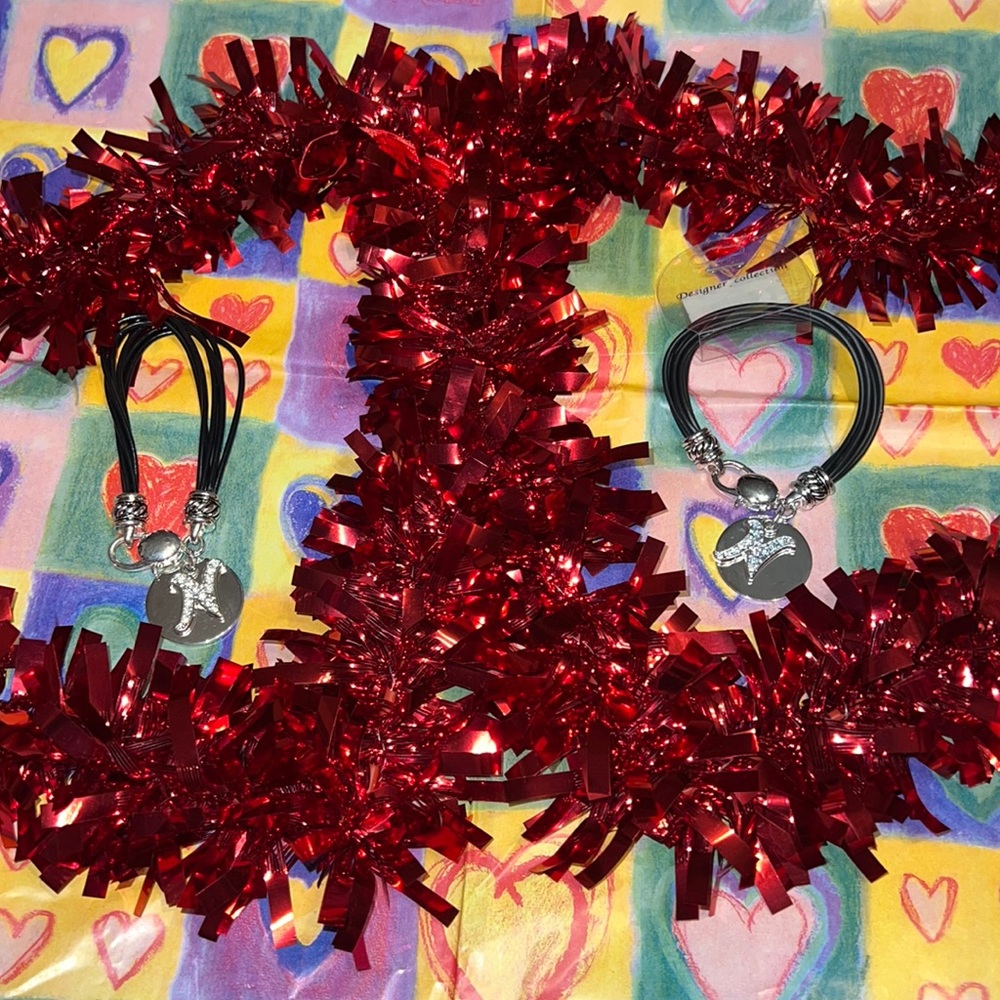 Set of 2 Vintage 6 Strand Black Vegan Waxed Cord Initial Rhinestone “N” Bracelet